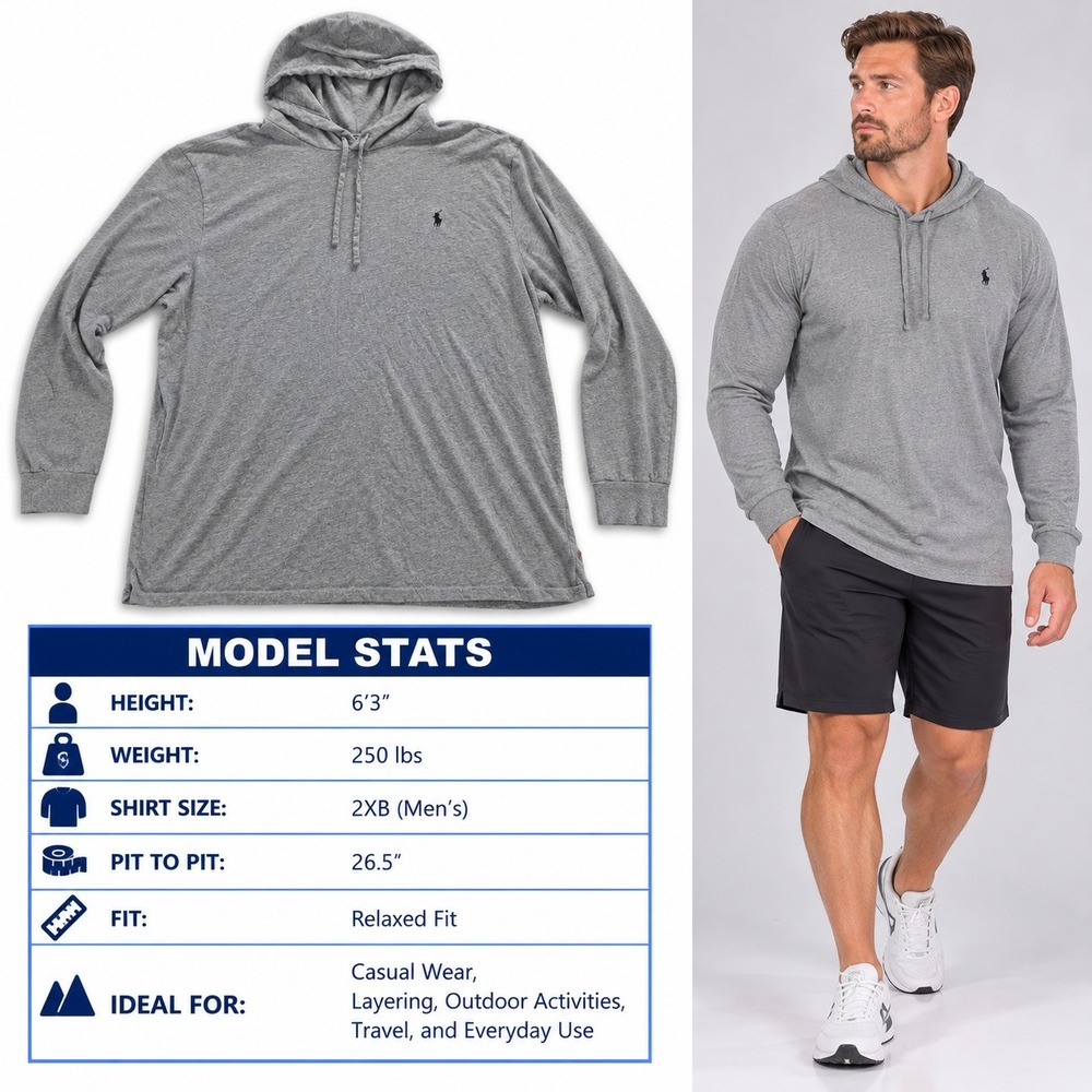 Polo Ralph Lauren Mens Gray Long Sleeve Hooded T-Shirt 2XB Big & Tall Relaxed